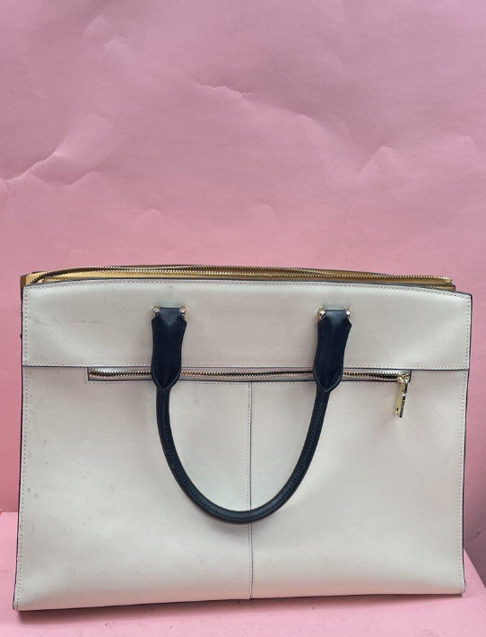 Bostanten Mizuki Classic Briefcase Tote Bag White With Navy Handles Zip Top