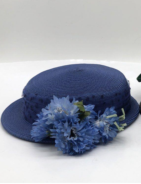 Vintage Blue Straw Breton Hat with Floral Trim | Retro Garden Party Statement Hat