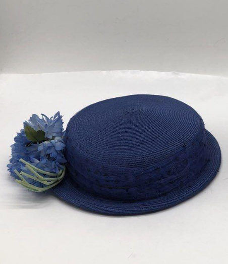 Vintage Blue Straw Breton Hat with Floral Trim | Retro Garden Party Statement Hat