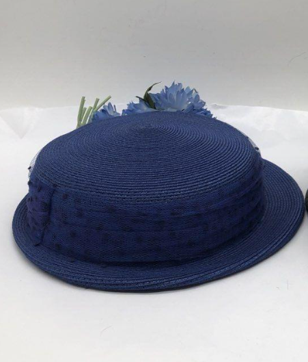 Vintage Blue Straw Breton Hat with Floral Trim | Retro Garden Party Statement Hat