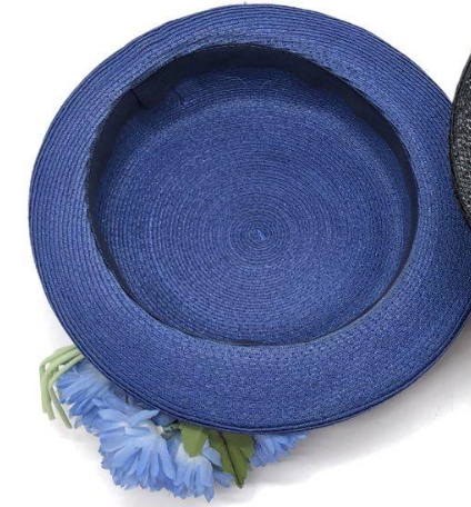 Vintage Blue Straw Breton Hat with Floral Trim | Retro Garden Party Statement Hat