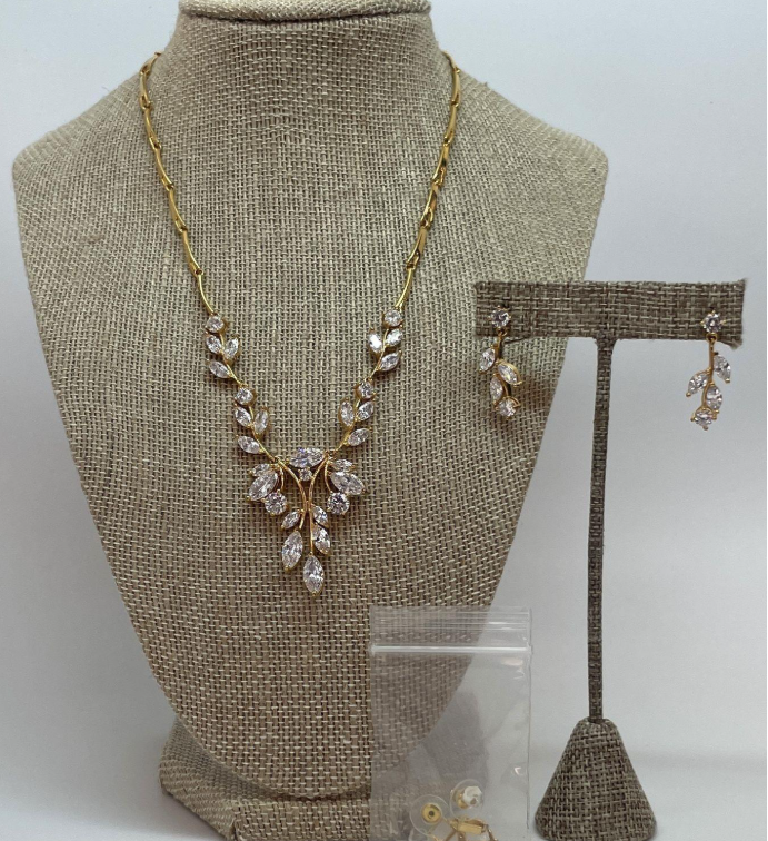 Gold Tone Cubic Zirconia Bridal Necklace and Earring Set Wedding Jewelry with Extender