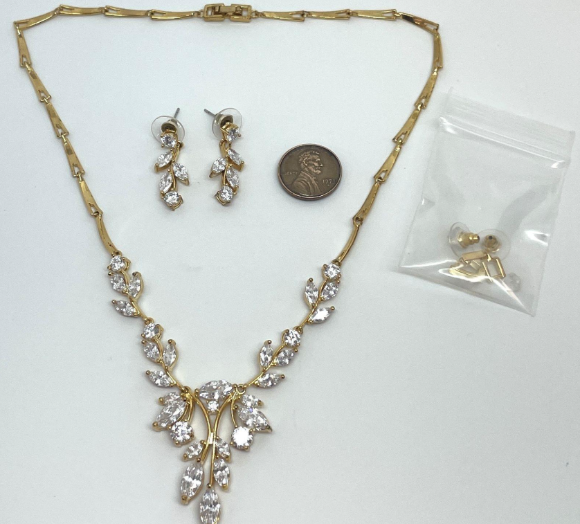 Gold Tone Cubic Zirconia Bridal Necklace and Earring Set Wedding Jewelry with Extender