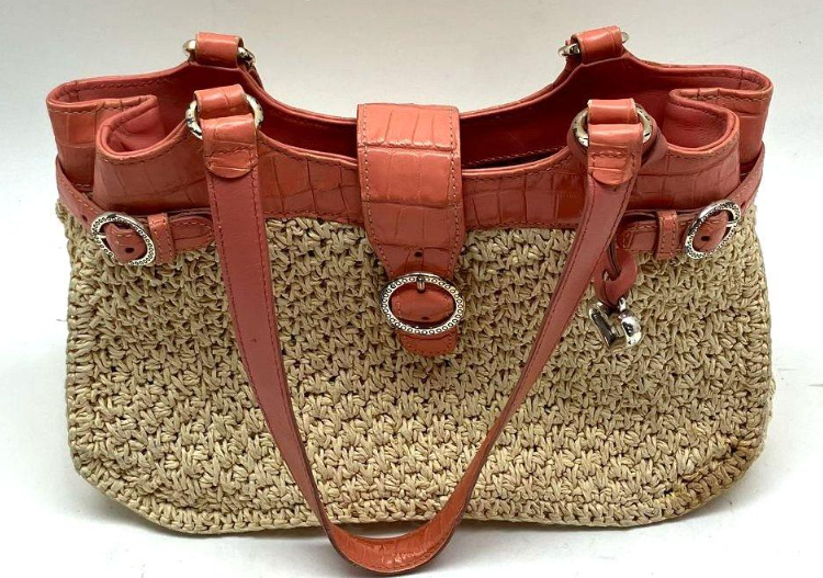 Brighton Straw and Coral Leather Satchel Bag Woven Raffia Shoulder Handbag Resort Purse