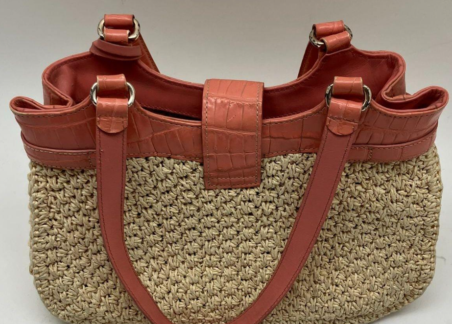 Brighton Straw and Coral Leather Satchel Bag Woven Raffia Shoulder Handbag Resort Purse