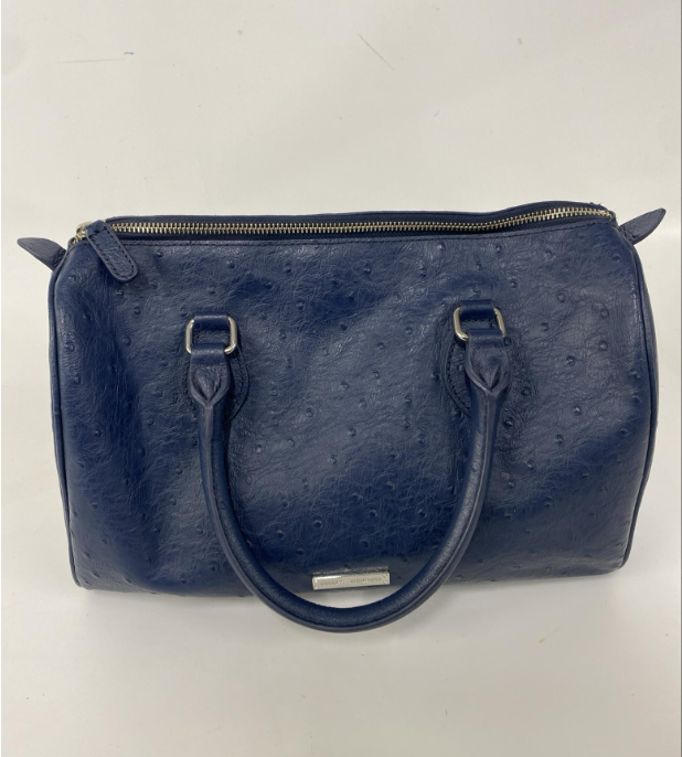 Brooks Brothers Blue Barrel Satchel Handbag Ostrich Texture Finish Top Zip