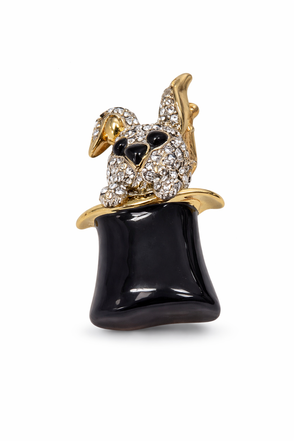 Vintage Gold Tone Rhinestone Bunny in Top Hat Brooch | Rabbit Magician Pin