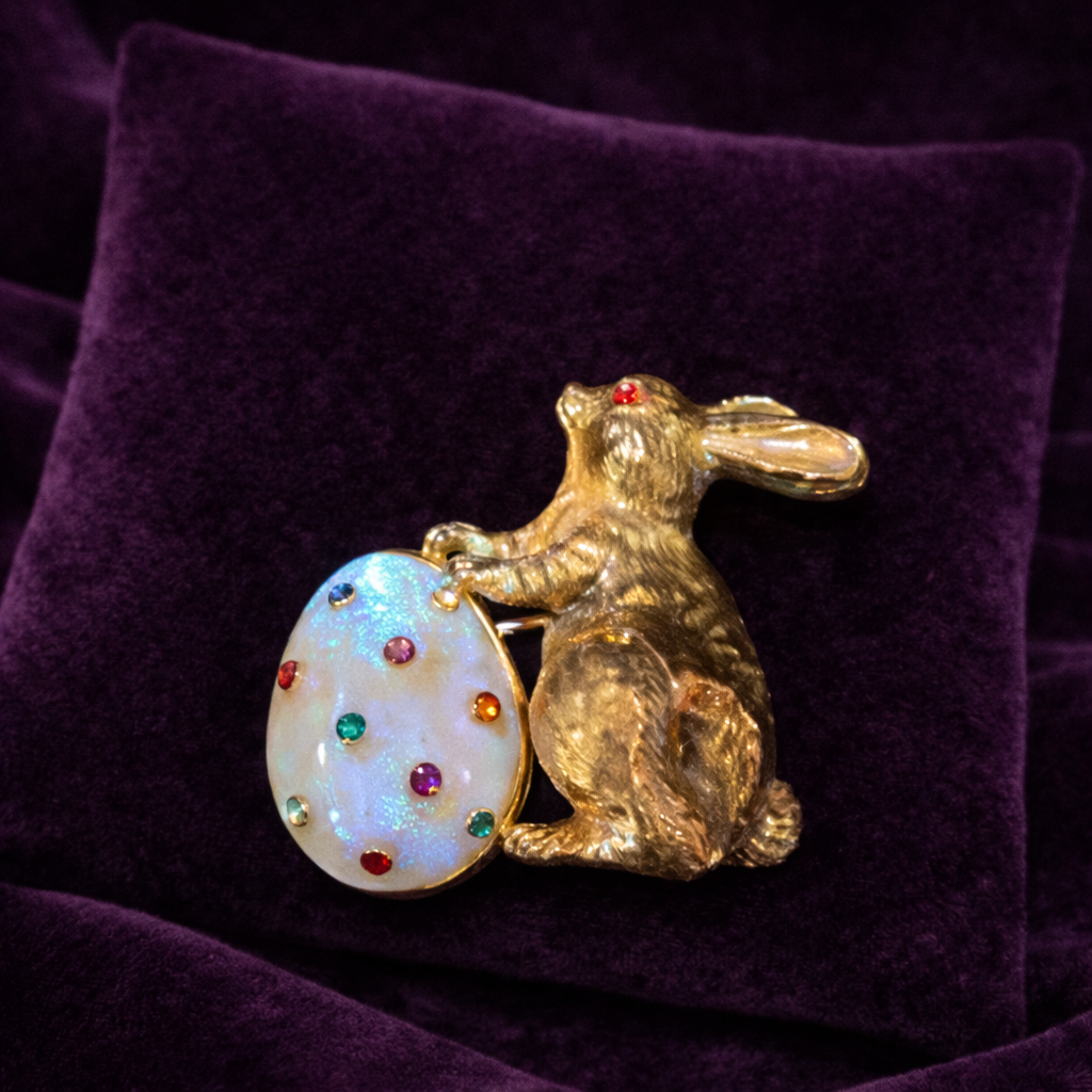 Vintage-Style Easter Bunny Brooch with Jeweled Egg, Gold Tone Rabbit Pin with Multicolor Crystals