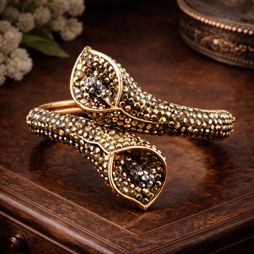 Butler and Wilson Crystal Lily Bracelet – Gold Tone Statement Cuff Bracelet