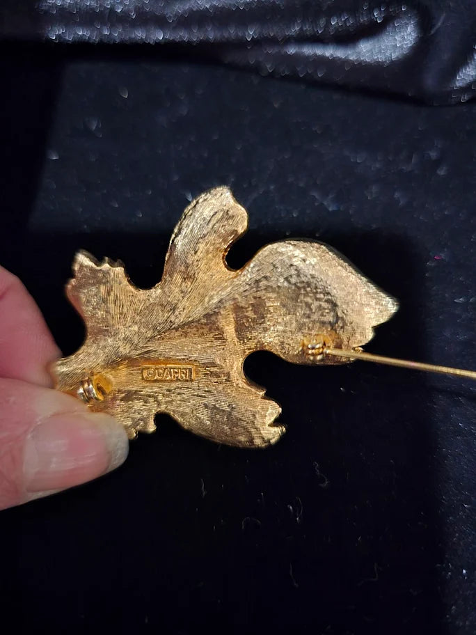 Capri Gold Tone Leaf Brooch with Multicolor Gemstones and Faux Pearl Accent