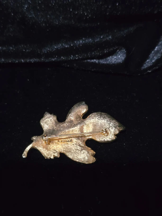 Capri Gold Tone Leaf Brooch with Multicolor Gemstones and Faux Pearl Accent