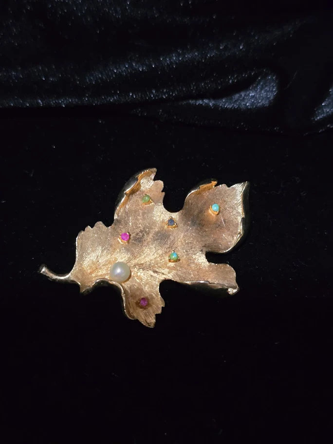 Capri Gold Tone Leaf Brooch with Multicolor Gemstones and Faux Pearl Accent