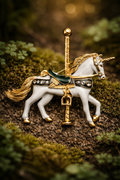 Carousel Unicorn Brooch White Enamel Gold-Tone Crystal Figural Pin Whimsical Jewelry