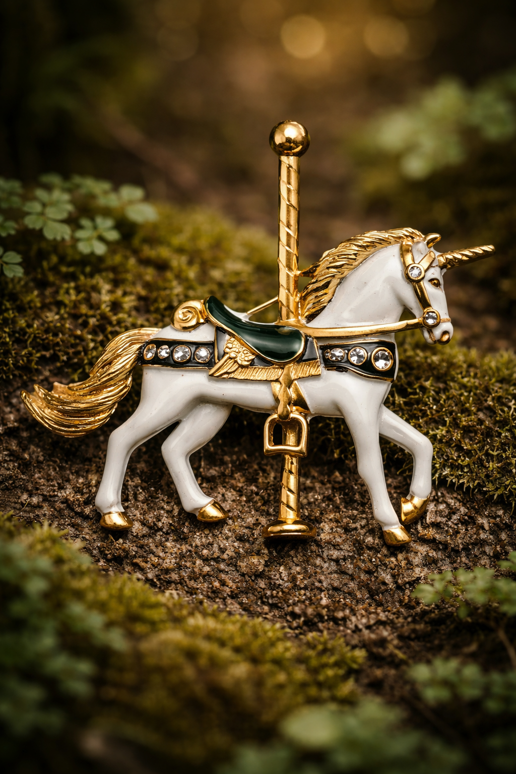 Carousel Unicorn Brooch White Enamel Gold-Tone Crystal Figural Pin Whimsical Jewelry