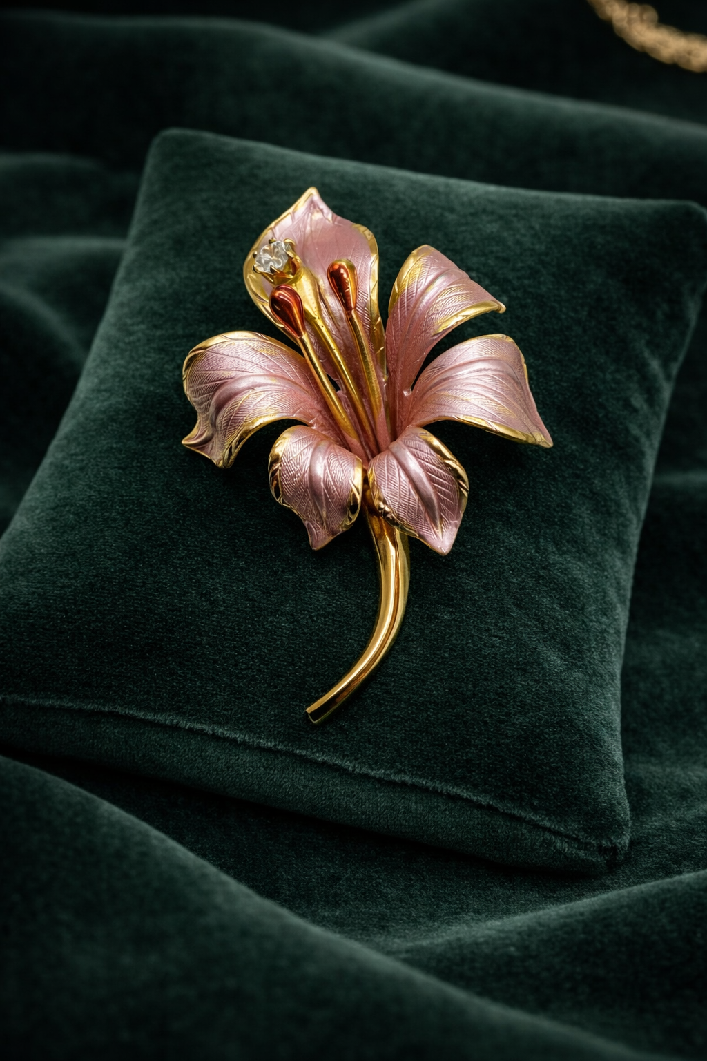 Cerrito Lily Brooch Pink Enamel Gold-Tone Rhinestone Vintage Flower Pin