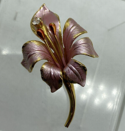 Cerrito Lily Brooch Pink Enamel Gold-Tone Rhinestone Vintage Flower Pin