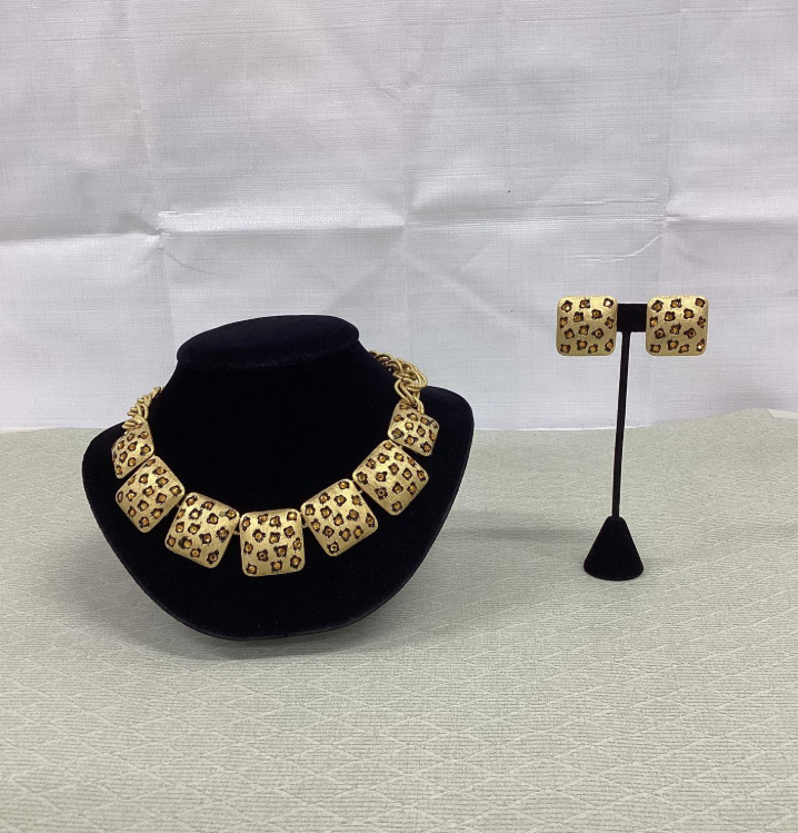 Charel Leopard Print Jewelry Set, Gold Tone Statement Necklace & Clip Earrings Demi Parure