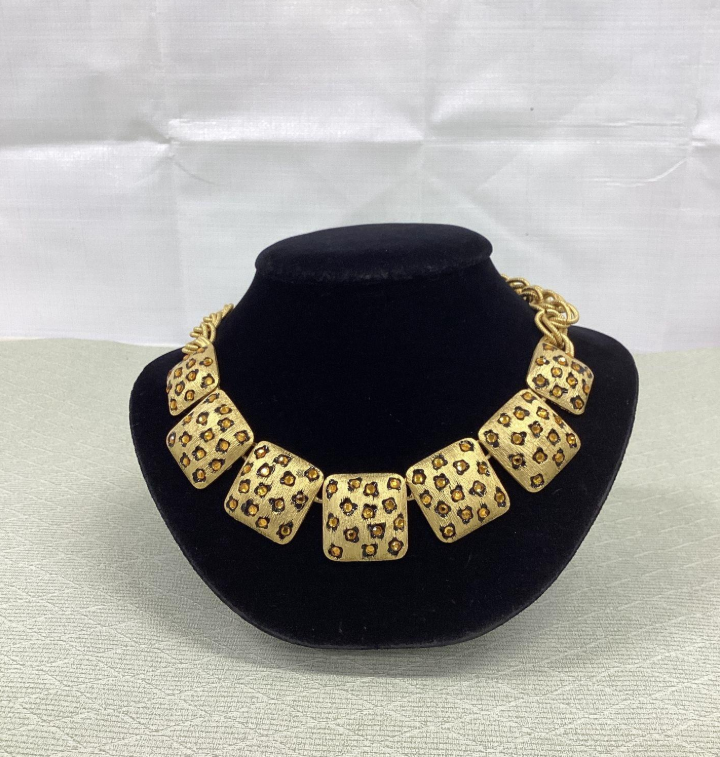 Charel Leopard Print Jewelry Set, Gold Tone Statement Necklace & Clip Earrings Demi Parure