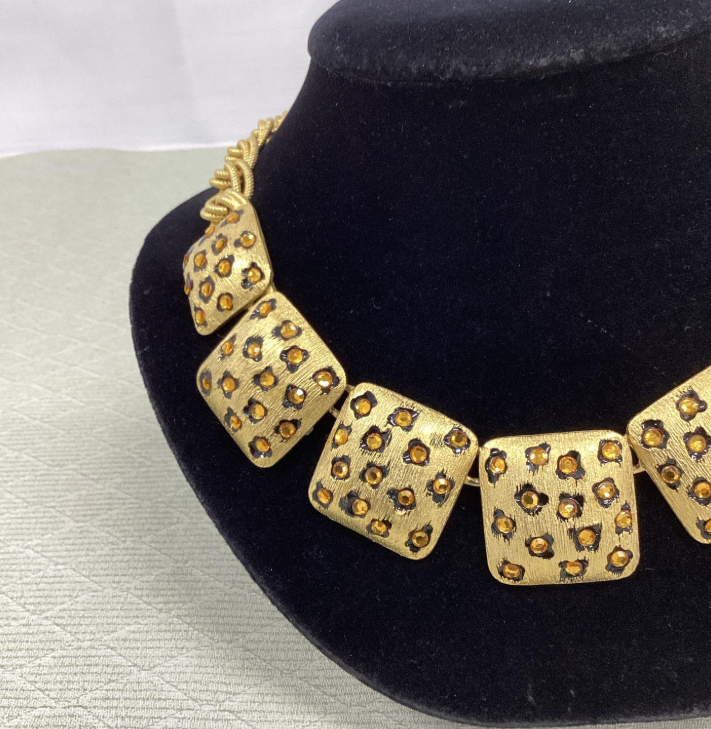 Charel Leopard Print Jewelry Set, Gold Tone Statement Necklace & Clip Earrings Demi Parure
