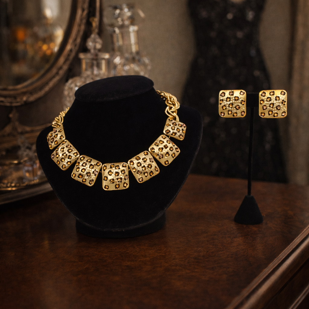 Charel Leopard Print Jewelry Set, Gold Tone Statement Necklace & Clip Earrings Demi Parure