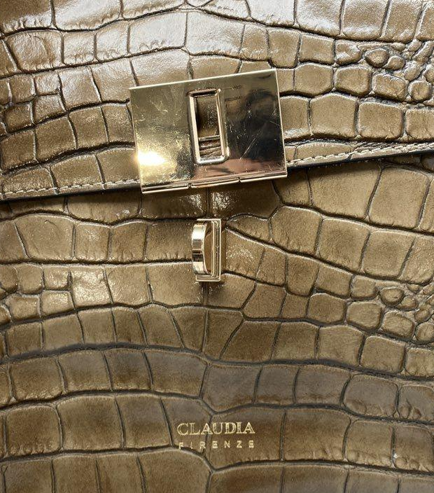Claudia Firenze Italy Brown Croc Embossed Leather Shoulder Bag with Gold Lock Chain Strap