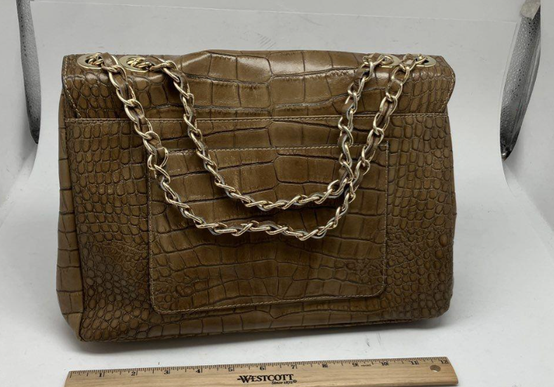 Claudia Firenze Italy Brown Croc Embossed Leather Shoulder Bag with Gold Lock Chain Strap