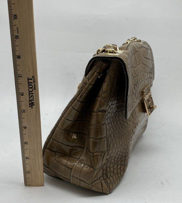 Claudia Firenze Italy Brown Croc Embossed Leather Shoulder Bag with Gold Lock Chain Strap