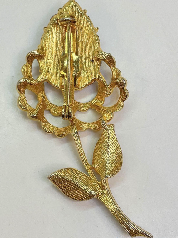 Vintage Red Rhinestone Flower Brooch | Brushed Gold Tone Floral Statement Pin