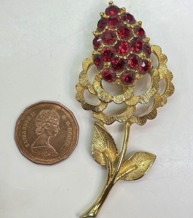Vintage Red Rhinestone Flower Brooch | Brushed Gold Tone Floral Statement Pin
