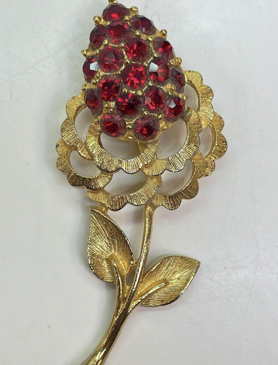 Vintage Red Rhinestone Flower Brooch | Brushed Gold Tone Floral Statement Pin