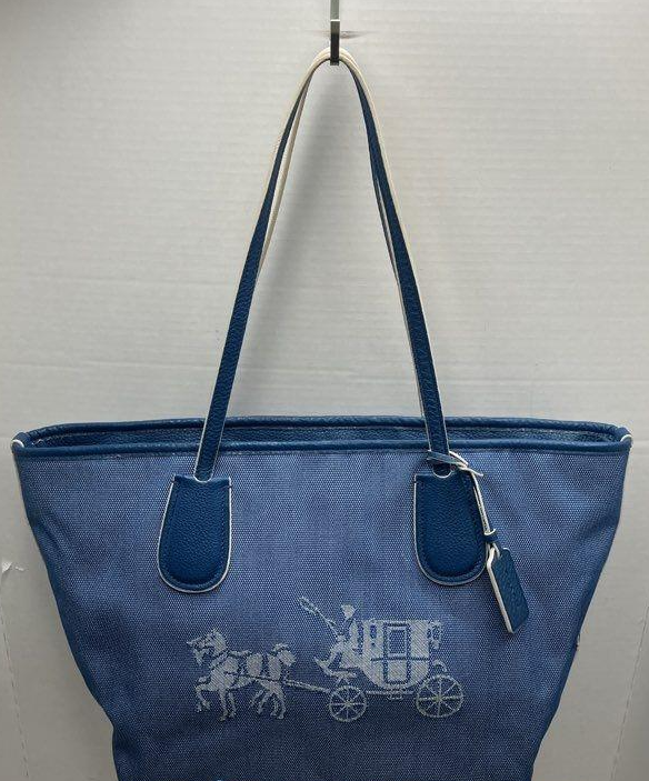 Coach Horse & Carriage Blue Canvas Tote Bag | Vintage Signature Shopper Shoulder Bag