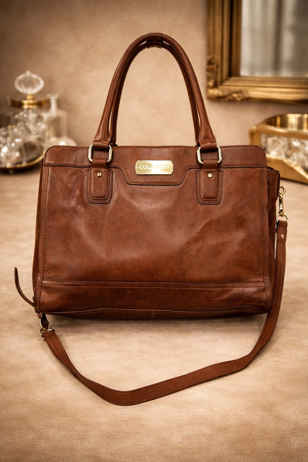 Cole Haan Brown Leather Large Tote Bag with Shoulder Strap | Classic Work Satchel