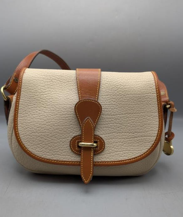 Vintage Dooney & Bourke Equestrian Tack Crossbody Bag | Cream Pebbled Leather Saddle Bag