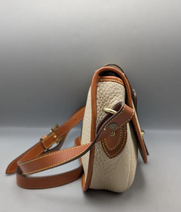 Vintage Dooney & Bourke Equestrian Tack Crossbody Bag | Cream Pebbled Leather Saddle Bag