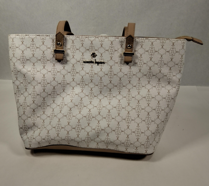 Nanette Lepore White Beige Logo Tote Bag Monogram Pattern Shoulder Bag
