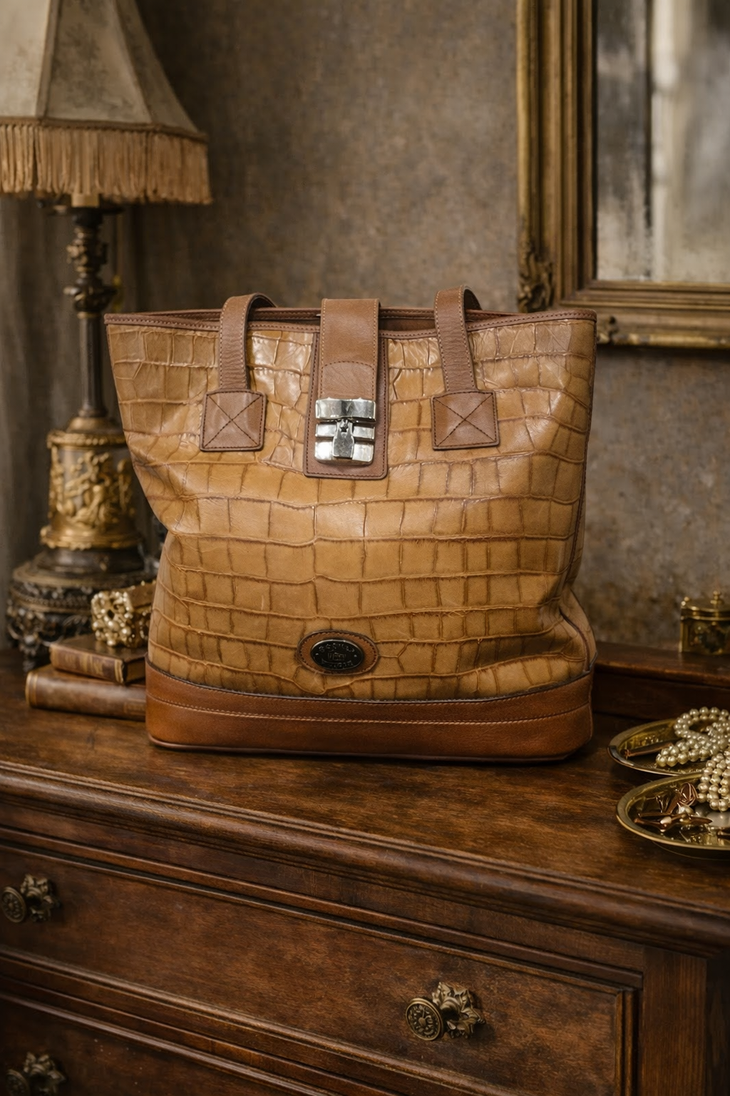 Dooney & Bourke Croco Embossed Leather Lock Shopper Tote | Tan Shoulder Bag AO345200