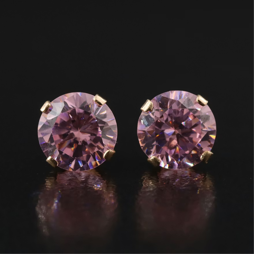 14K Gold Pink-Lavender CZ Stud Earrings | 6mm Round Faceted | Classic Gold Studs