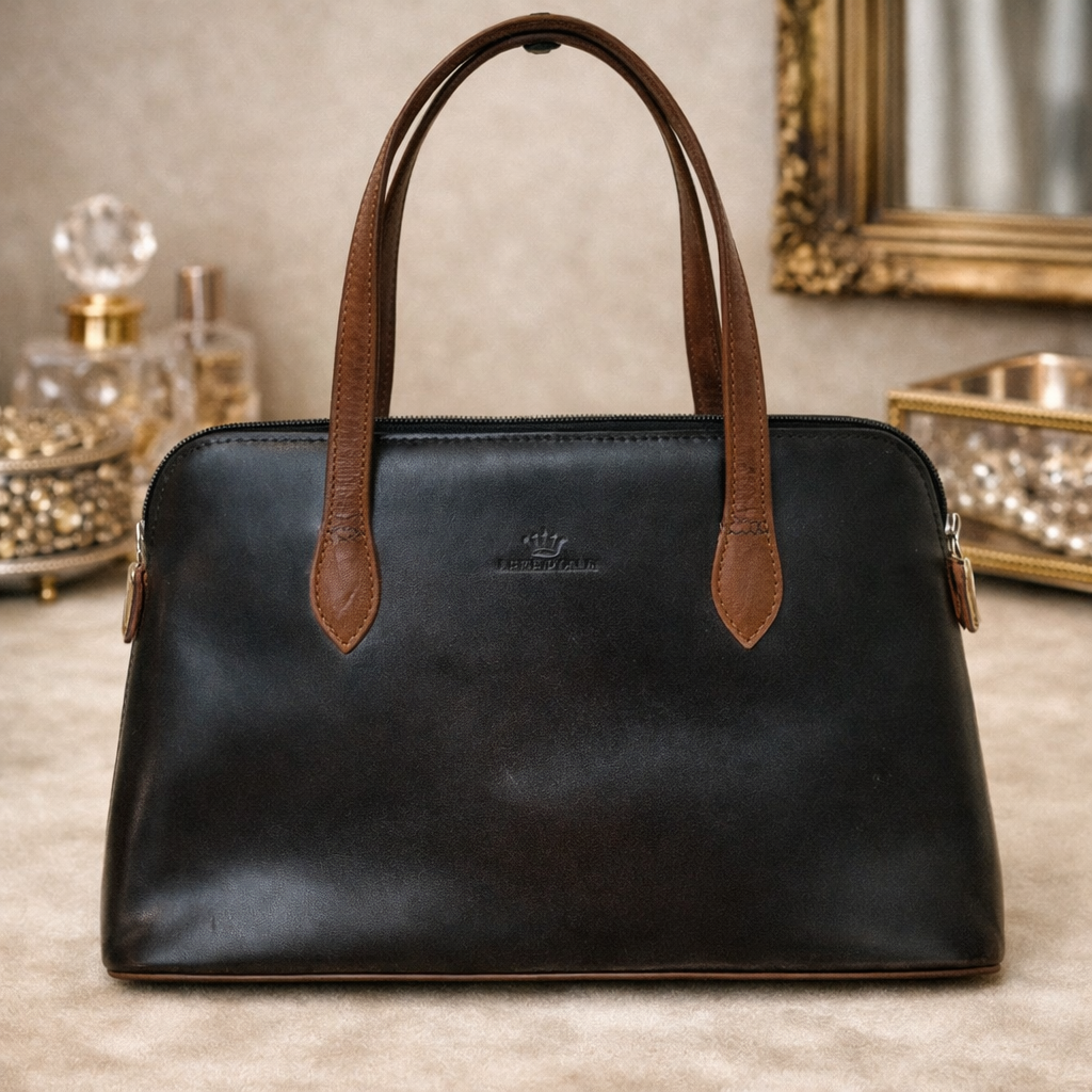 Daniela Moda Vintage Black Leather Handbag w/ Brown Trim Structured Top Handle Purse