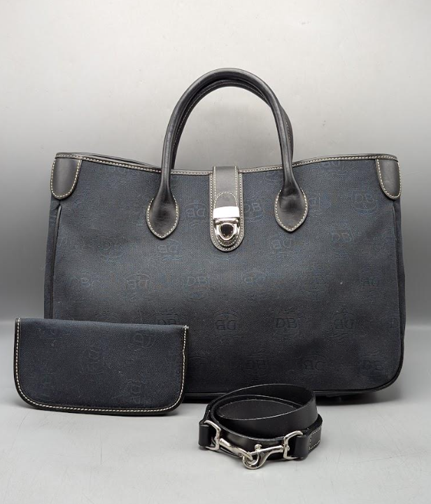Dooney & Bourke Donegal Crest Monogram Blue Canvas Tote Bag Set | Leather Trim Handbag with Matching Glasses Case