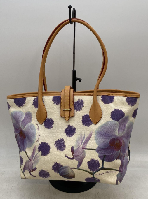 (SOLD) Dooney & Bourke Floral Canvas Tote with Tan Leather Trim Purple Orchid Print