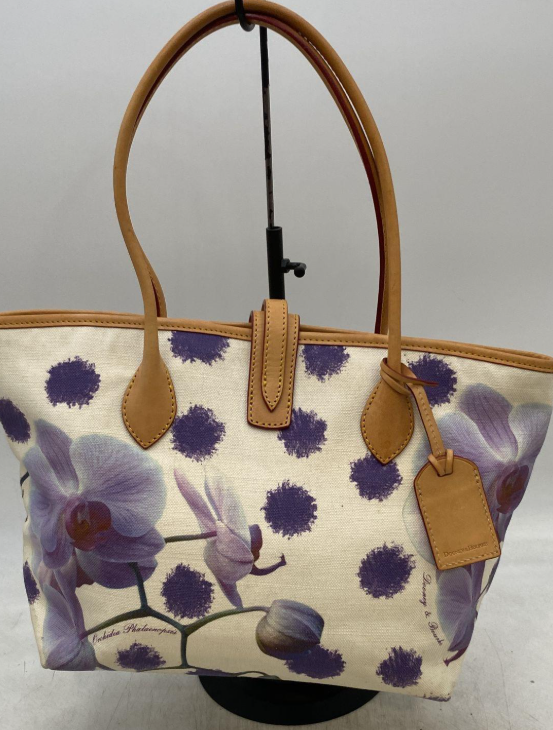(SOLD) Dooney & Bourke Floral Canvas Tote with Tan Leather Trim Purple Orchid Print