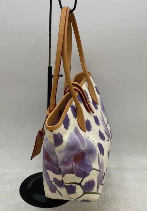 (SOLD) Dooney & Bourke Floral Canvas Tote with Tan Leather Trim Purple Orchid Print