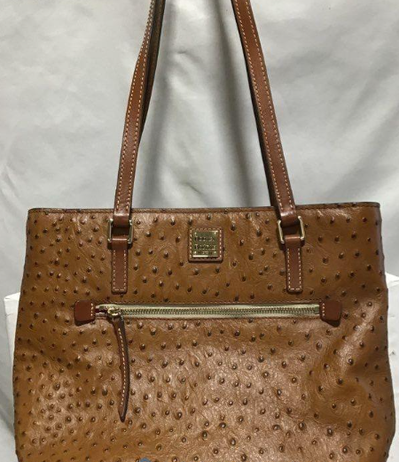 Dooney & Bourke Ostrich Embossed Brown Leather Tote Bag with Red Lining