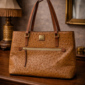 Dooney & Bourke Ostrich Embossed Brown Leather Tote Bag with Red Lining