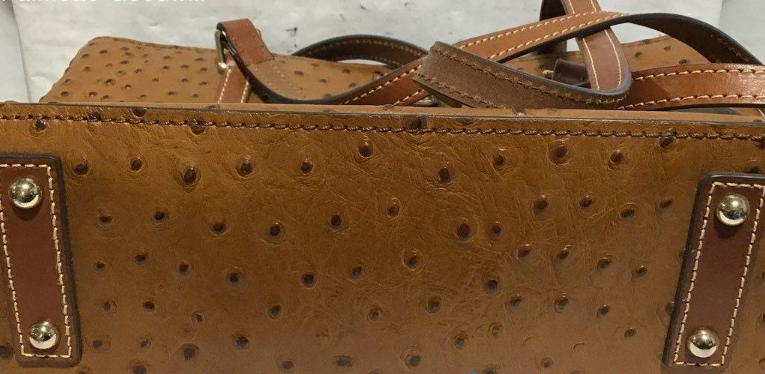 Dooney & Bourke Ostrich Embossed Brown Leather Tote Bag with Red Lining