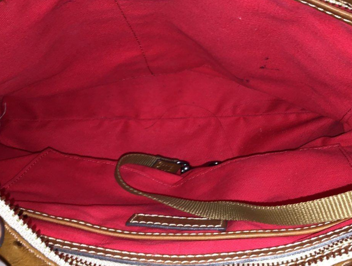 Dooney & Bourke Ostrich Embossed Brown Leather Tote Bag with Red Lining