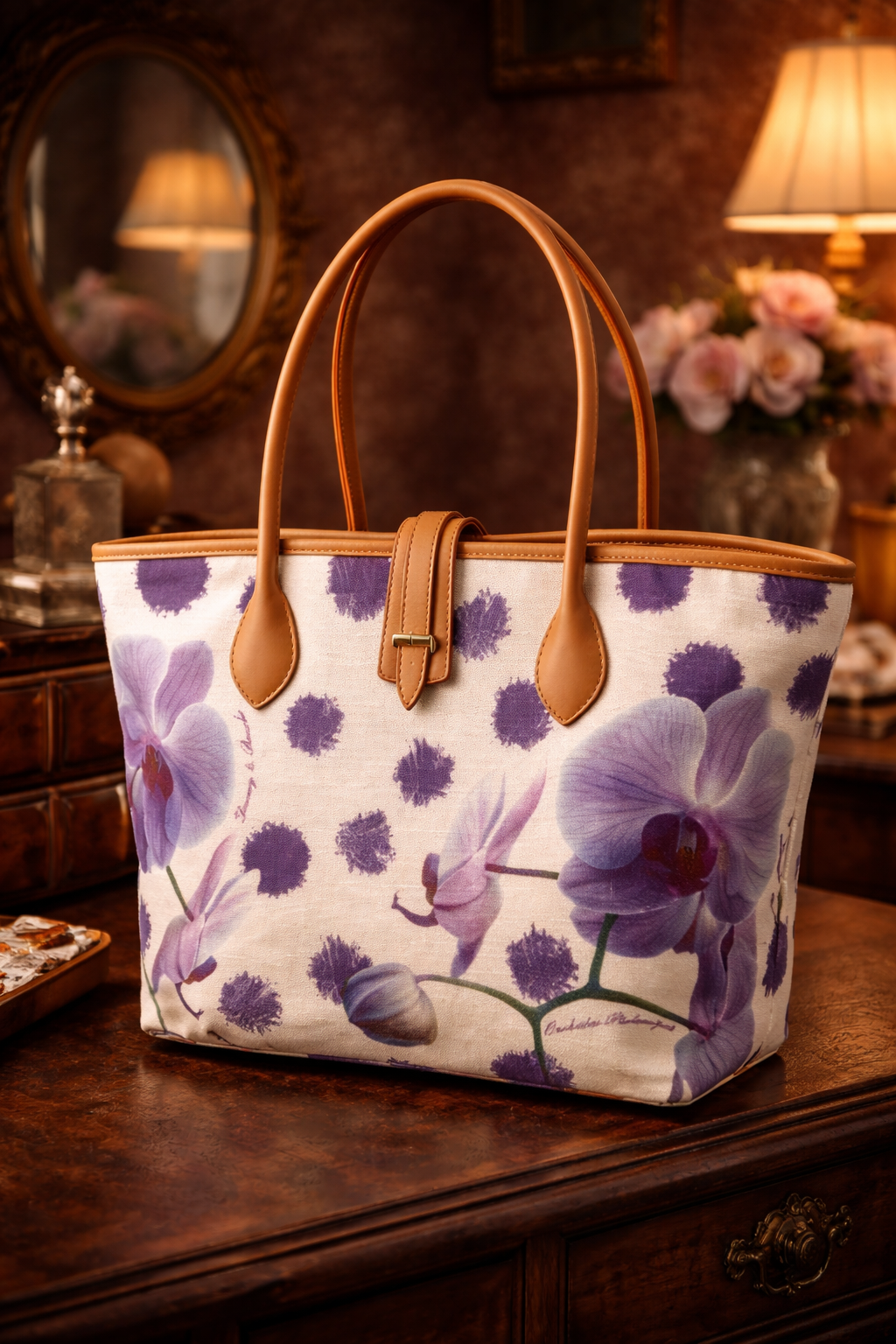 (SOLD) Dooney & Bourke Floral Canvas Tote with Tan Leather Trim Purple Orchid Print