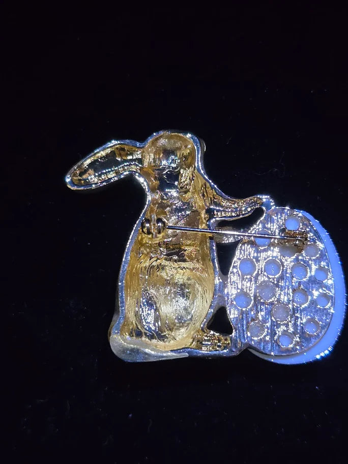 Vintage-Style Easter Bunny Brooch with Jeweled Egg, Gold Tone Rabbit Pin with Multicolor Crystals