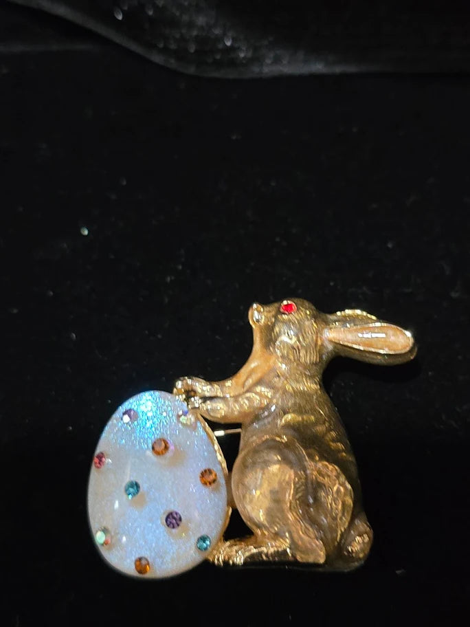 Vintage-Style Easter Bunny Brooch with Jeweled Egg, Gold Tone Rabbit Pin with Multicolor Crystals