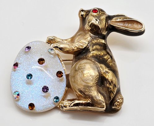 Vintage-Style Easter Bunny Brooch with Jeweled Egg, Gold Tone Rabbit Pin with Multicolor Crystals